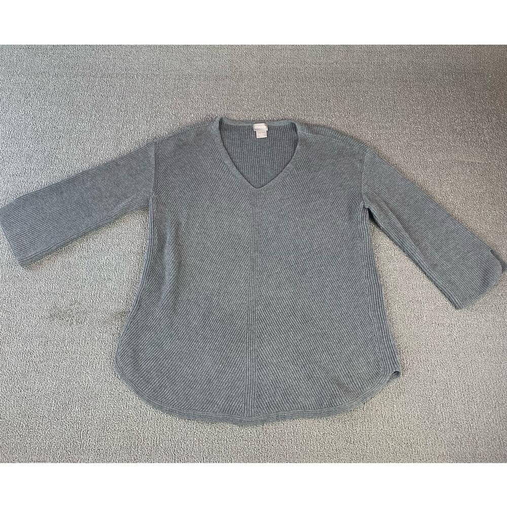 Chicos Sweater Knit Ribbed V neck Business Casual Closet Staple Gray Size Medium